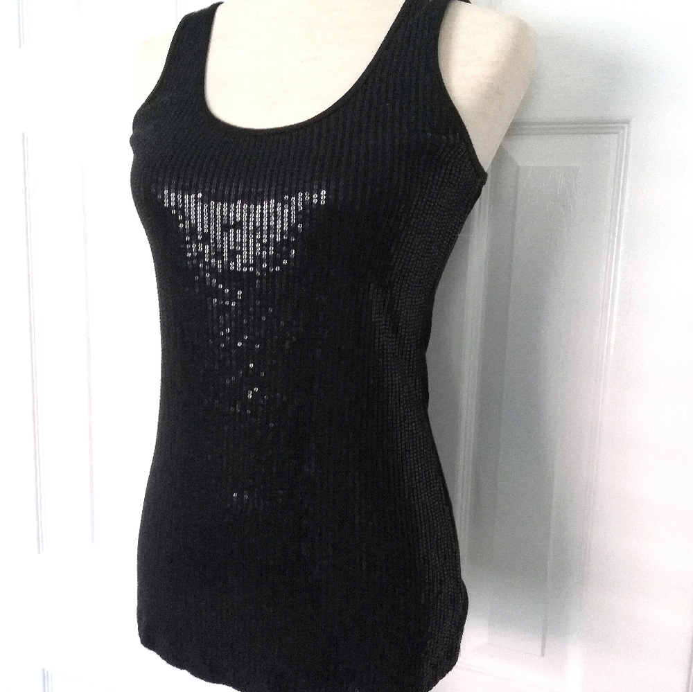 Express Sequined Front Jet Black Tank Top, Size Medium